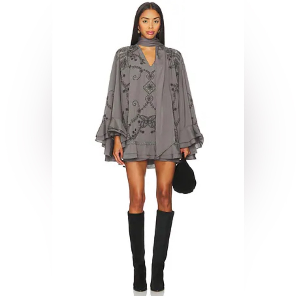 Free People Gray Embroidered Cape Mini Dress